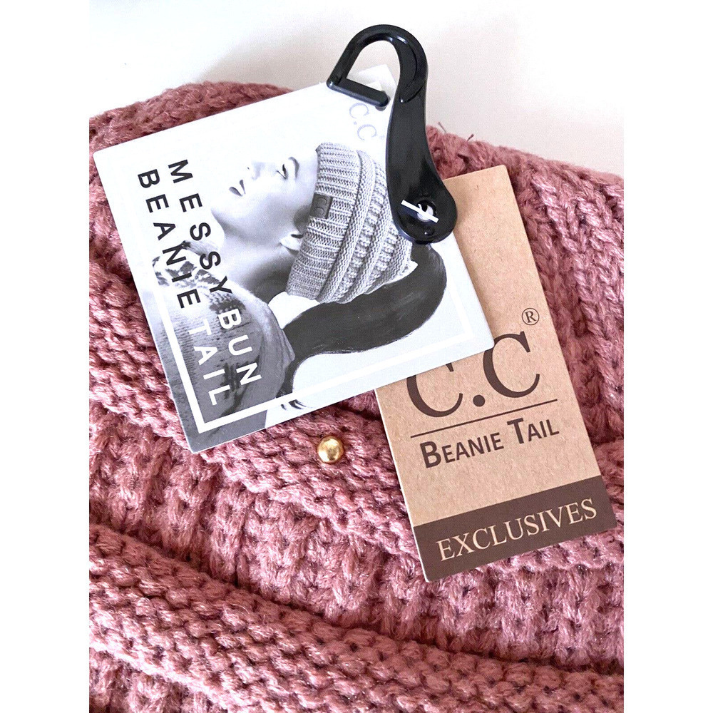 New Adult Size CC Pink Cable Knit Beanie Tail Ponytail Hat w/ Gold Details - Picture 6 of 6